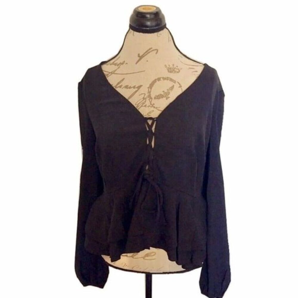 Forever 21 Blouse Black Ruffle Peasant Boho Cropped Flowy Size OX Womens Cut Out